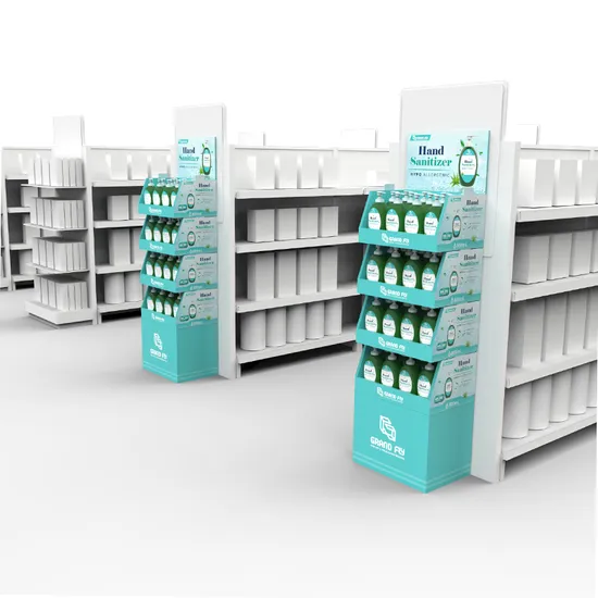 Advertising Pop Disinfection Water Pallet Display Rack Cardboard Paper Hand Sanitizer Dispenser Pallet Display Stand for Medical 