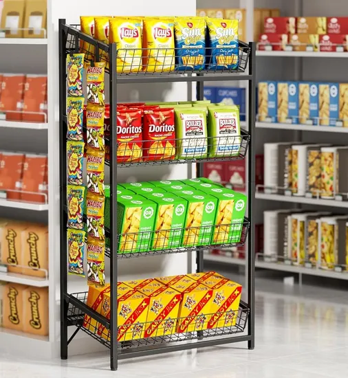 Store Shelves 4 Tier Retail Snack Display Stand with Hooks Supermarket Display Potato Storage Rack 